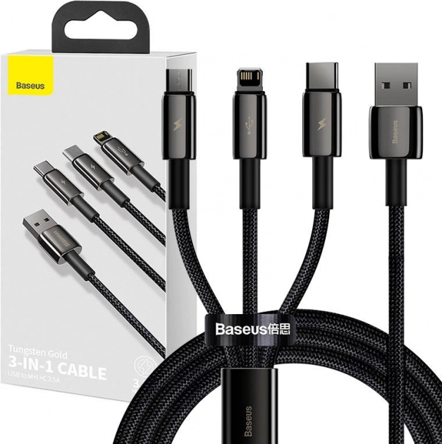 Baseus Tungsten Gold 3‑i‑1 opladnings- og datakabel USB til Lightning / USB‑C / micro USB, 3,5 A, 1,5 m (sort)