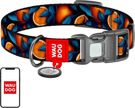 Nylons halsbånd til hunde WAU DOG Oranges med QR-mærke, størrelse L
