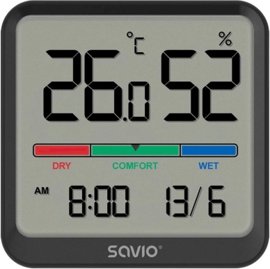 Digitalt termometer og hygrometer SAVIO med LCD, ur og dato, magnetisk holder – sort
