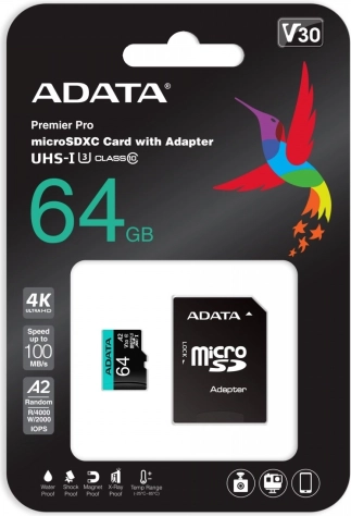 MicroSD-kort Premier Pro 64 GB UHS-I U3 V30 A2 + SD-adapter