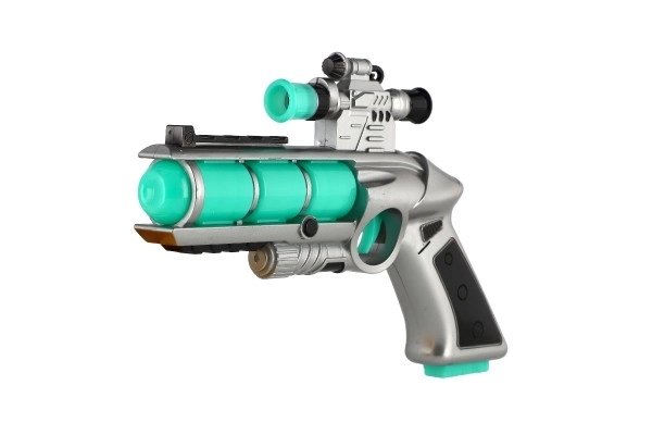 Pistol med sigte plast 20cm på batterier med lyd og lys i æske