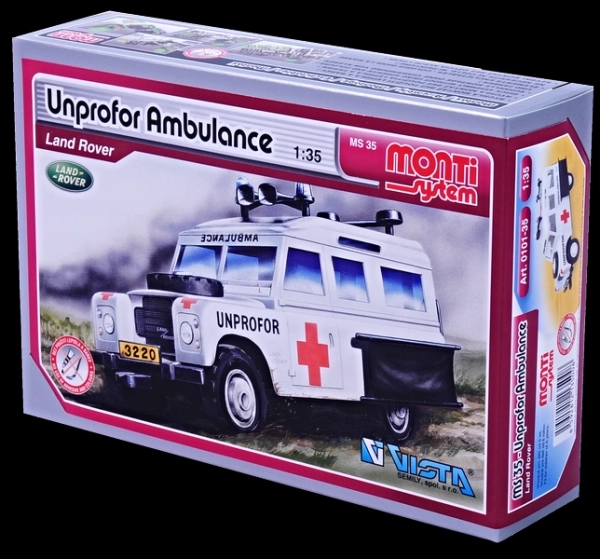 Byggesæt Monti System MS 35 Unprofor Ambulance Land Rover 1:35 i kasse 22x15x6cm