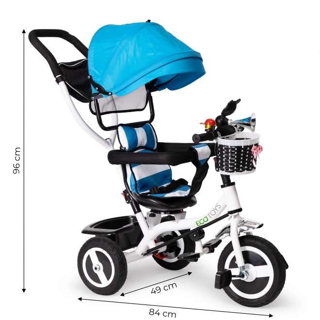 Trehjulet cykel, vogn, drejbar blå baldakin