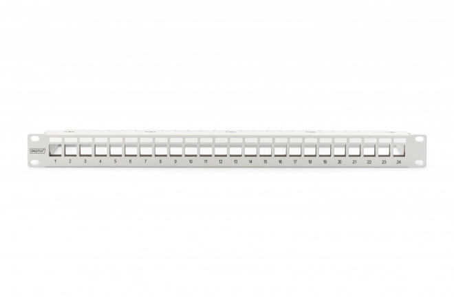 Krydsfelt modulær 19" 24 porte til keystone moduler, 1U, afskærmet, med kabelstyring og mærkefelter, grå