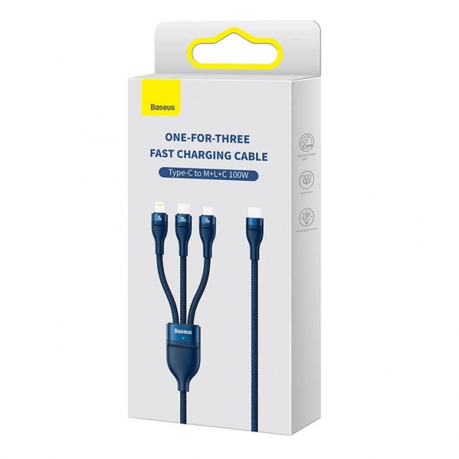Baseus hurtigopladningskabel med 3 stik: USB-C, Lightning og Micro USB, 100W