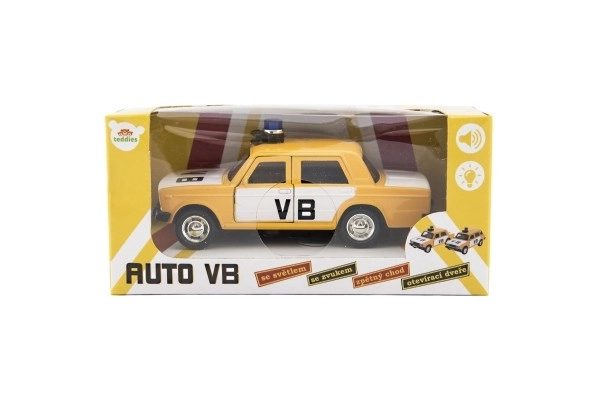 Politi bil VB metal/plast 12cm med tilbagespænding på batterier med lys, lyd i kasse 15x7x7cm