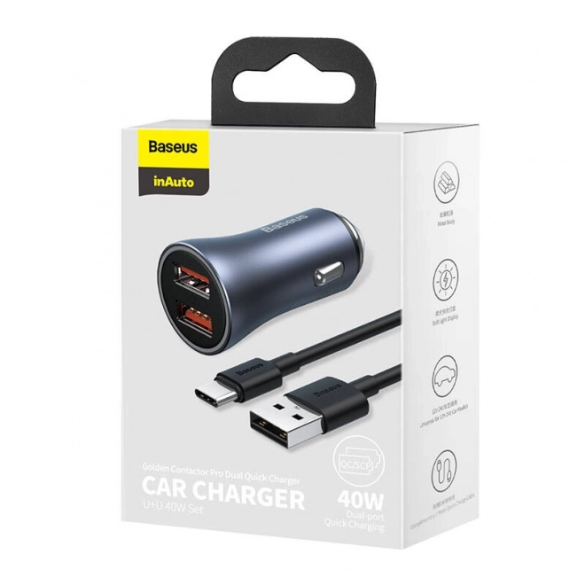 Baseus biloplader med dual USB og USB-C kabel