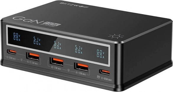 BlitzWolf bordoplader 110 W med PD, 3× USB‑A og 2× USB‑C, sort