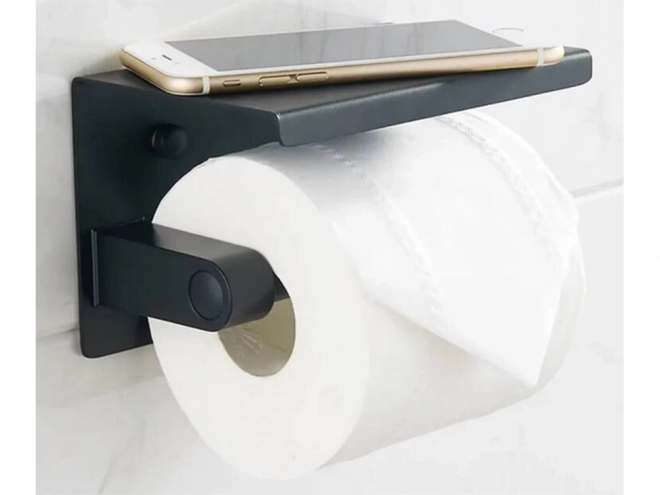 Stål toiletpapirholder med hylde til telefon sort