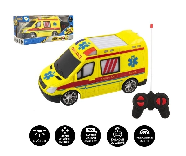 Auto RC ambulance plast 20cm fjernbetjening 27MHz på batterier med lys i kassen 28x13x11cm