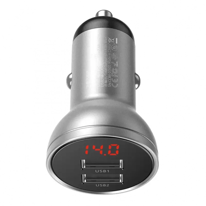 Baseus biloplader med 2 USB-porte og LED-display