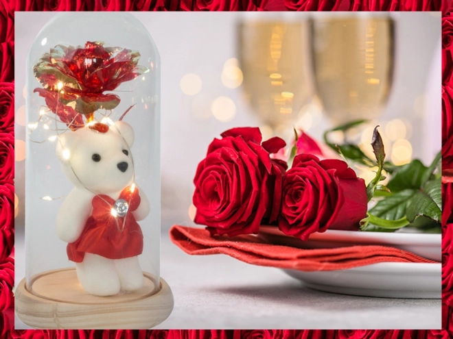Evig rose med en bamse i glasæske
