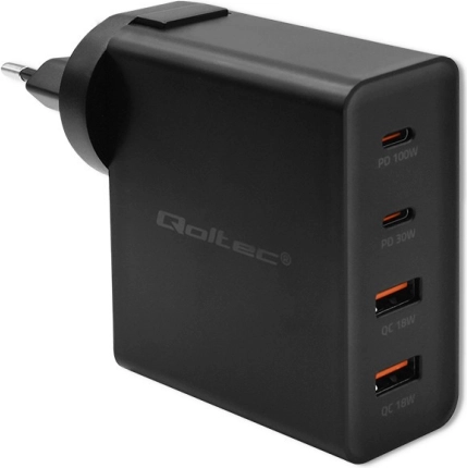 GaN-oplader Power Pro 130 W, 2× USB‑C, 2× USB‑A, PD, sort