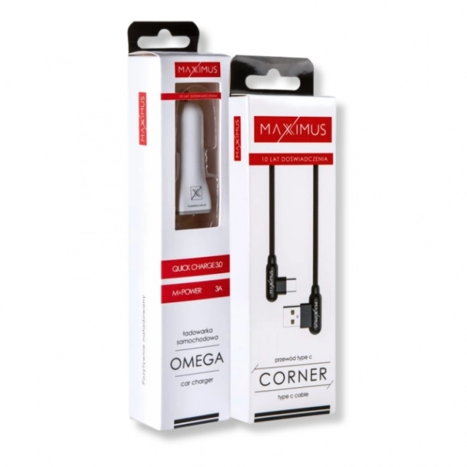 Biluplader Maxximus Omega 3A og Kabel MX Corner Hurtigopladning Type-C
