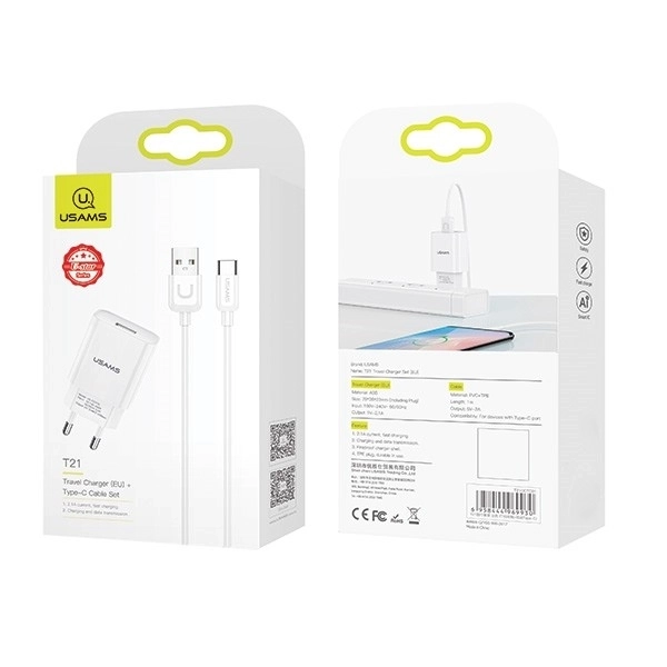 Oplader til stikkontakt USB med USB-C kabel 2,1A