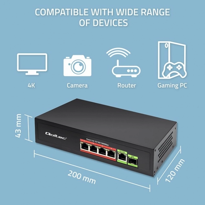 Switch Fast Ethernet PoE med 4x RJ45 PoE, 1x RJ45 Uplink og 1x SFP