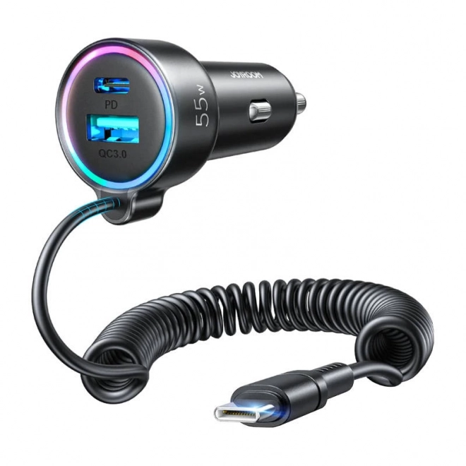 Biloplader Joyroom JR-CL07, 3 i 1, 1x USB + 1x PD, 55W + kabel Type-C (sort)