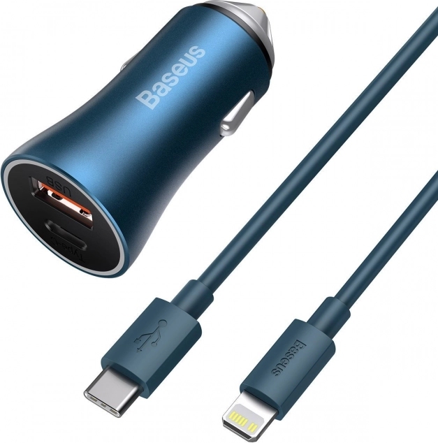 baseus golden contactor pro biladapter 40 W med usb a usb‑c + kabel usb‑c – lightning 1 m blå