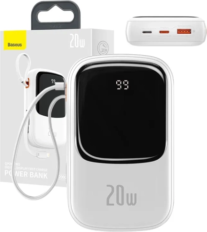 Powerbank Baseus Qpow Pro med Lightning-kabel og USB 20000mAh 20W hvid