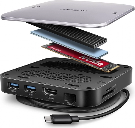 AXAGON multiport USB‑C hub 9‑i‑1 med M.2 NVMe/SATA, HDMI 4K/60 Hz, PD 100 W, GLAN og kortlæser