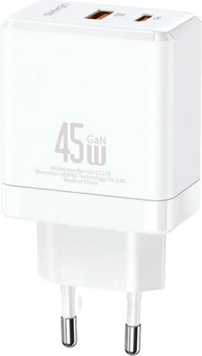 Vægoplader USB-C+USB-A 45W GaN PD 3.0