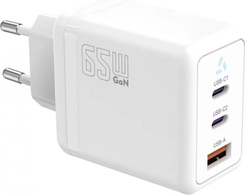 Vægoplader 2× USB‑C + USB‑A med Power Delivery, hvid, GaN 65 W