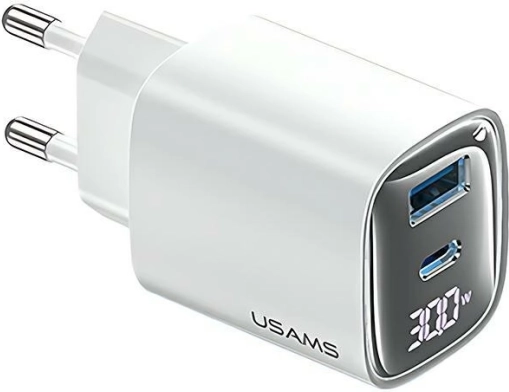 Vægoplader 30W GaN med LED‑display USB + USB‑C hvid