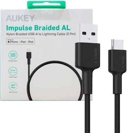 AUKEY USB-C til USB-A kabel 0,9 m, 60 W PD, flettet nylon, sort
