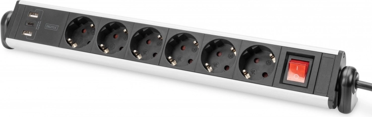 Bordstrømskinne med 6 stik, 2× USB‑A og 1× USB‑C, roterbar 180°, aluminium, med klemmer – DIGITUS