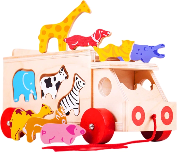 Bigjigs Toys træk-lastbil i træ med dyr og formeindsats