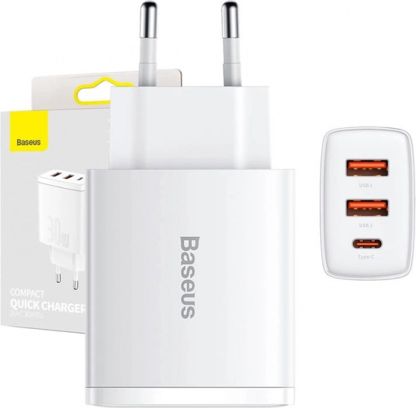 Baseus kompakt hurtigoplader 30 W med USB‑C og 2× USB