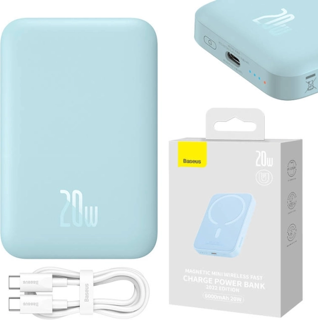 Magnetisk powerbank Baseus Magnetic Mini 6000 mAh, 20W, USB‑C, MagSafe, blå