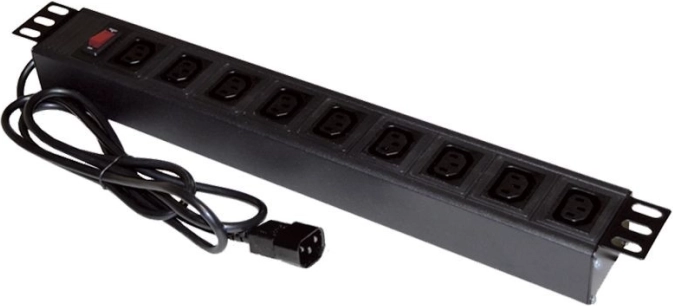 Strømfordelingsskinne 19" 9×C13 med C14-stik