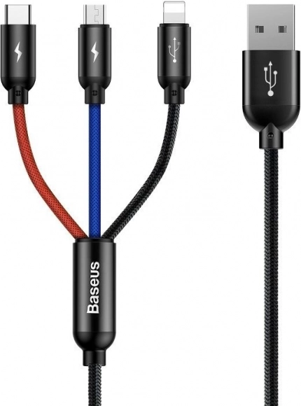 Baseus kabel 3-i-1 USB-C / Lightning / Micro USB, 3,5 A, 0,3 m, sort