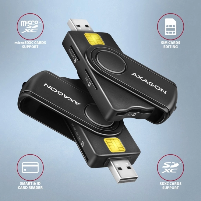 Lommekortlæser AXAGON til ID, SD, microSD og SIM-kort med USB