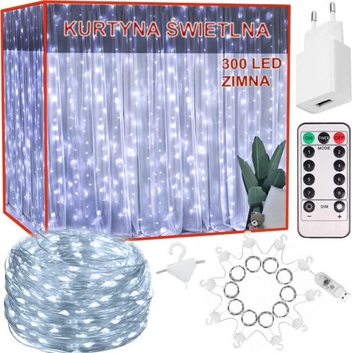 Lysgardin med 300 LED, 3 × 2,9 m, kold hvid, fjernbetjening, USB