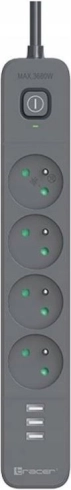 Overspændingsbeskyttelse TRACER Power Line+ mobile ready 1,5 m (4 stik + 3x USB A, 5V 2,4A)