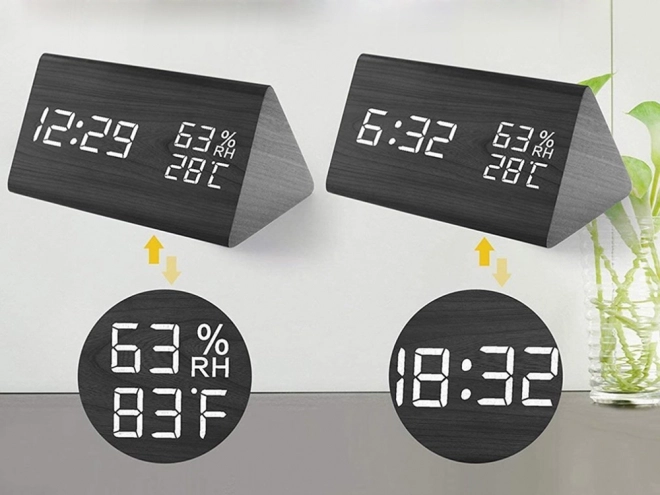 Multifunktionelt elektronisk vækkeur med termometer og hygrometer