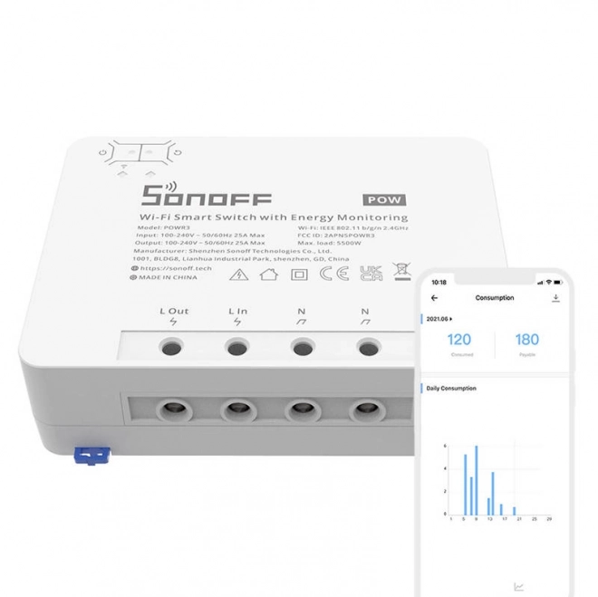 Smart Wi-Fi Afbryder med energiovervågning Sonoff POWR3 (25A/5500W)