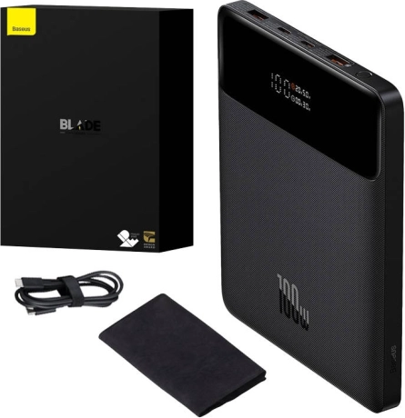 Baseus Blade powerbank 20000 mAh, 100 W, 2× USB‑C + 2× USB‑A, skærm, sort