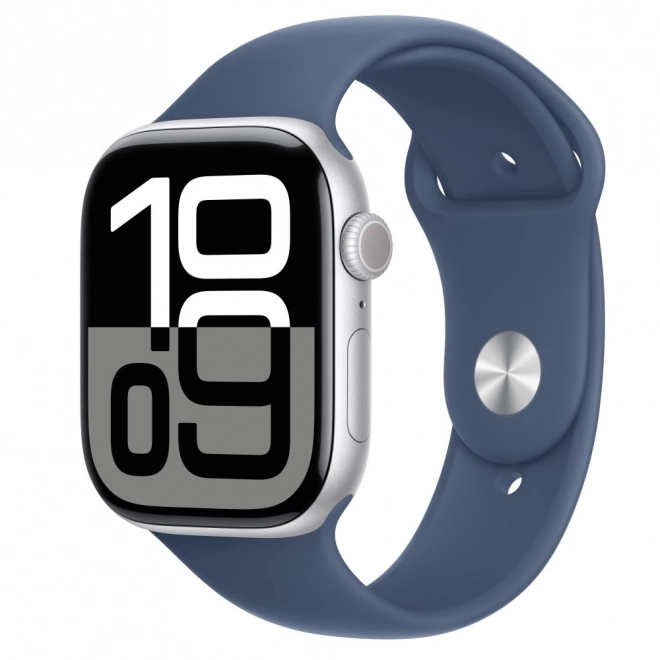 Apple Watch Series 10 GPS, sølvfarvet aluminiumsurkabinet 46 mm med denim sportsrem S/M