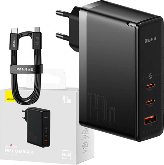Baseus væglader med USB-C og USB-porte, 140 W, sort