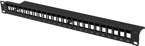 tomt patchpanel 24 porte 1U 19" sort til keystone‑moduler