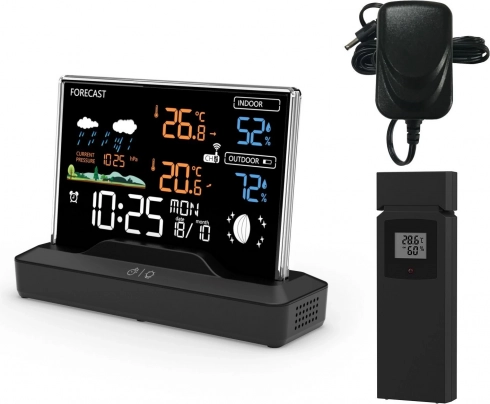 Bagbelyst trådløs vejrstation med farve-LCD, udendørs sensor, termometer, barometer og radiostyret ur