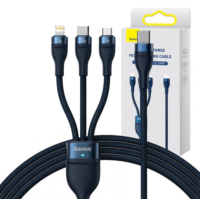 Baseus hurtigopladningskabel med 3 stik: USB-C, Lightning og Micro USB, 100W