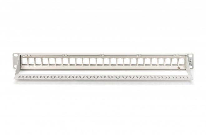 Krydsfelt modulær 19" 24 porte til keystone moduler, 1U, afskærmet, med kabelstyring og mærkefelter, grå