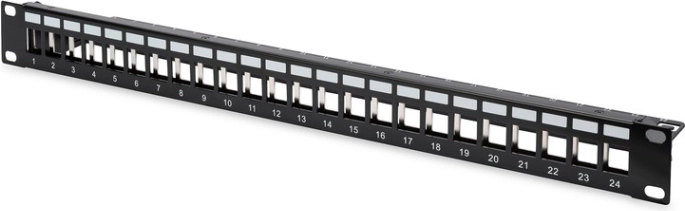 Patchpanel 19" 24-ports til keystone-moduler, skærmet, 1U, med kabelstyring og mærkningsfelter, sort