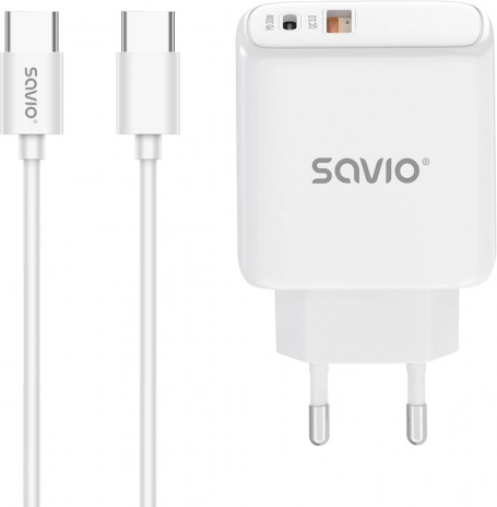 vægoplader 30W med USB‑C PD og USB‑A QC + USB‑C kabel – Savio