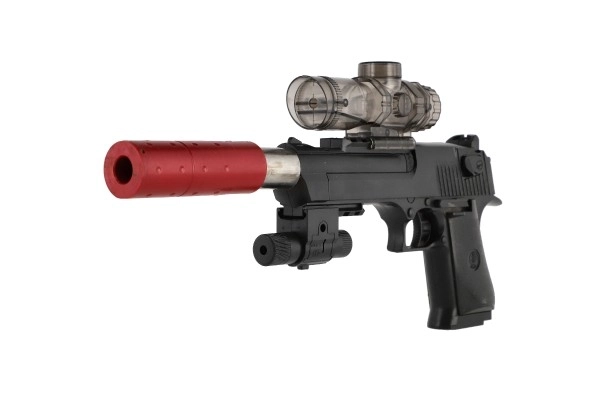 Pistol plast/metal 33cm til vandkugler + patroner 9-11mm på batteri med lys i æsken 34x13x4cm