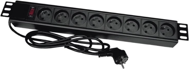 19" rack-strømfordelingsliste med 8 Schuko-udtag og CEE 7/7-stikprop